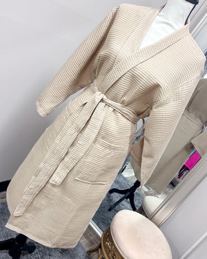 Waffle Kimono Pink Long Robe - Taupe