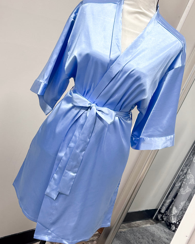 Satin Kimono Short Robe - Airy Blue