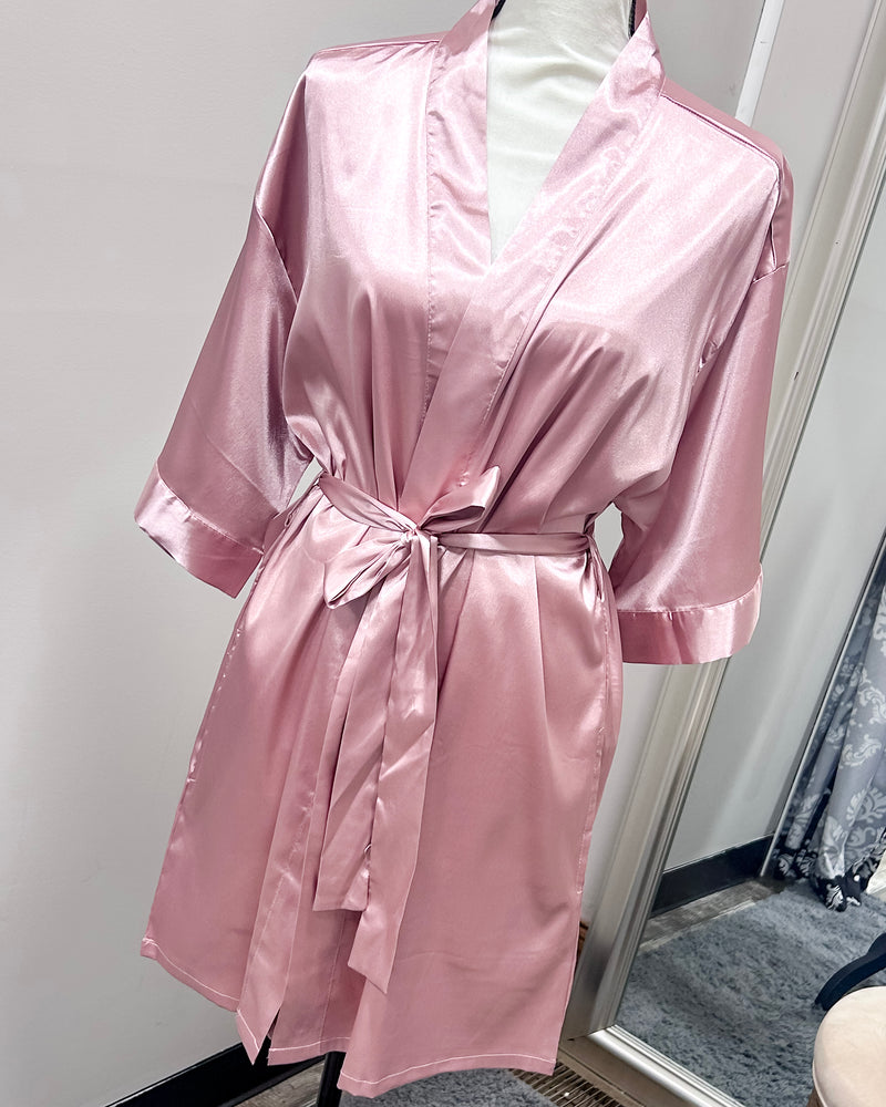 Satin Kimono Short Robe - Rose Pink