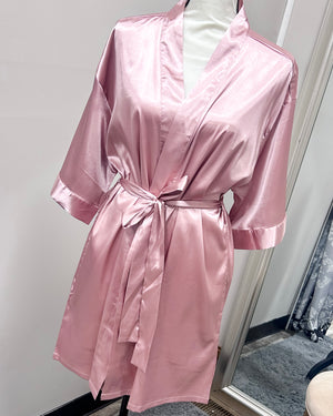 Satin Kimono Short Robe - Rose Pink