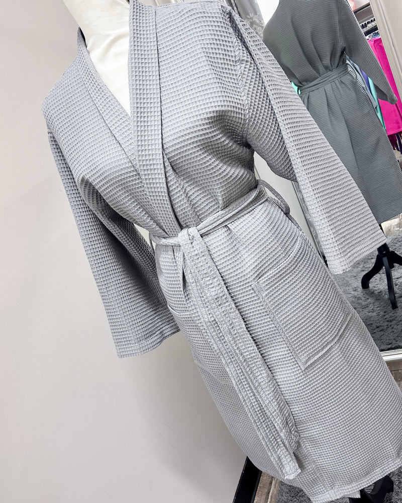 Waffle Kimono Pink Long Robe - Gray