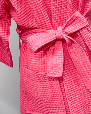 Waffle Kimono Pink Short Robe - Coral
