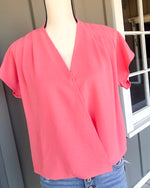 Short Sleeve Wrap Front Solid Top - Coral