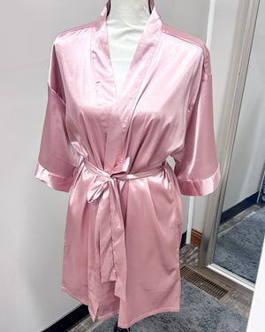 Satin Kimono Short Robe - Rose Pink