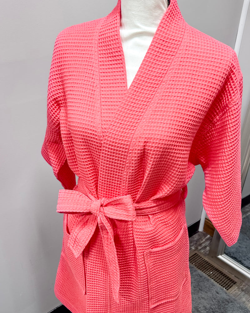 Waffle Kimono Pink Short Robe - Coral