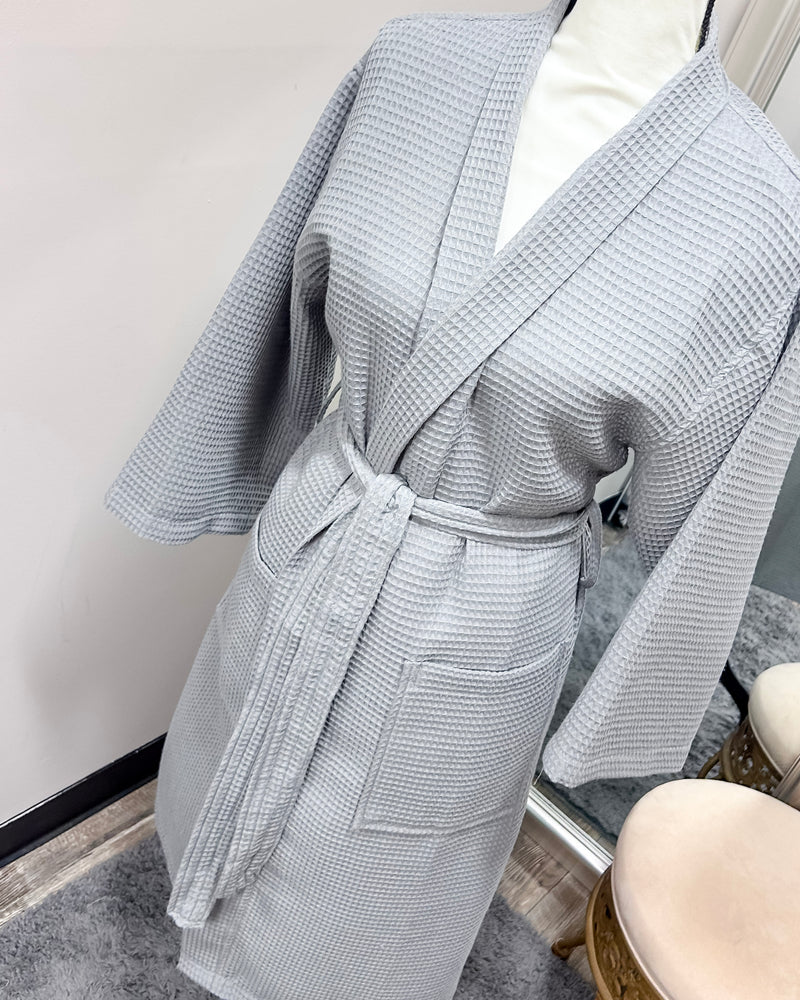 Waffle Kimono Pink Long Robe - Gray