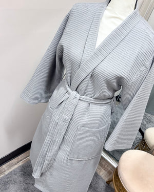 Waffle Kimono Pink Long Robe - Gray