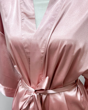 Satin Kimono Short Robe - Rose Pink