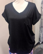 V-Neck Knit Top w/ Pocket - Black