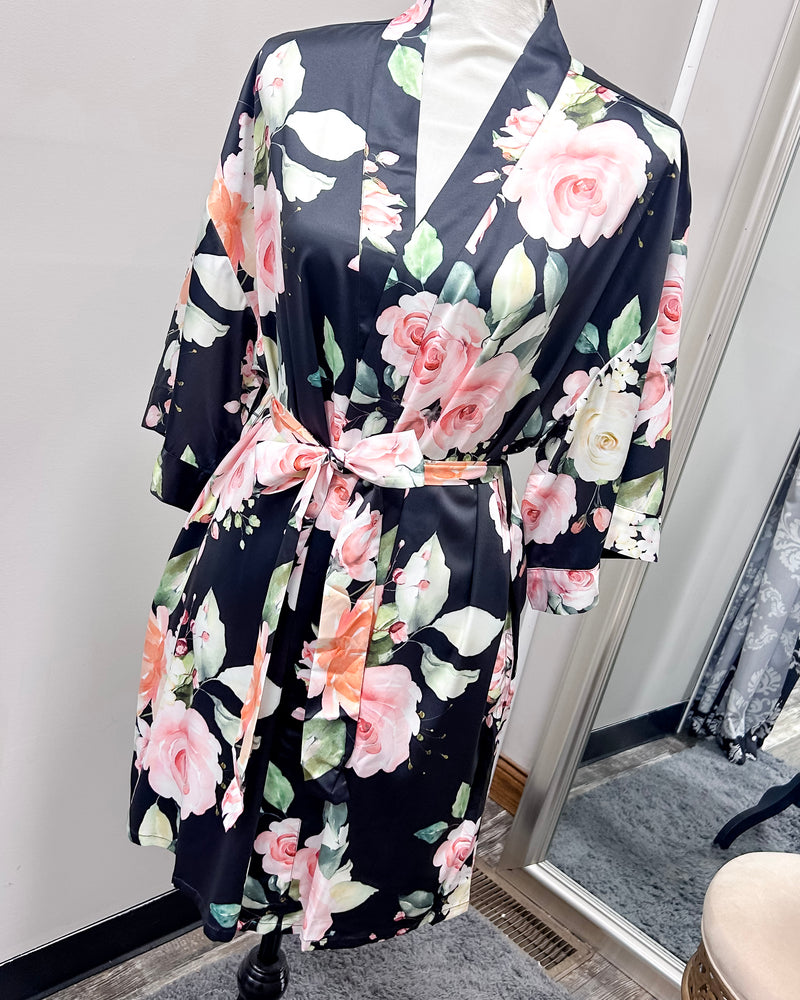 Satin Floral Kimono Short Robe - Black