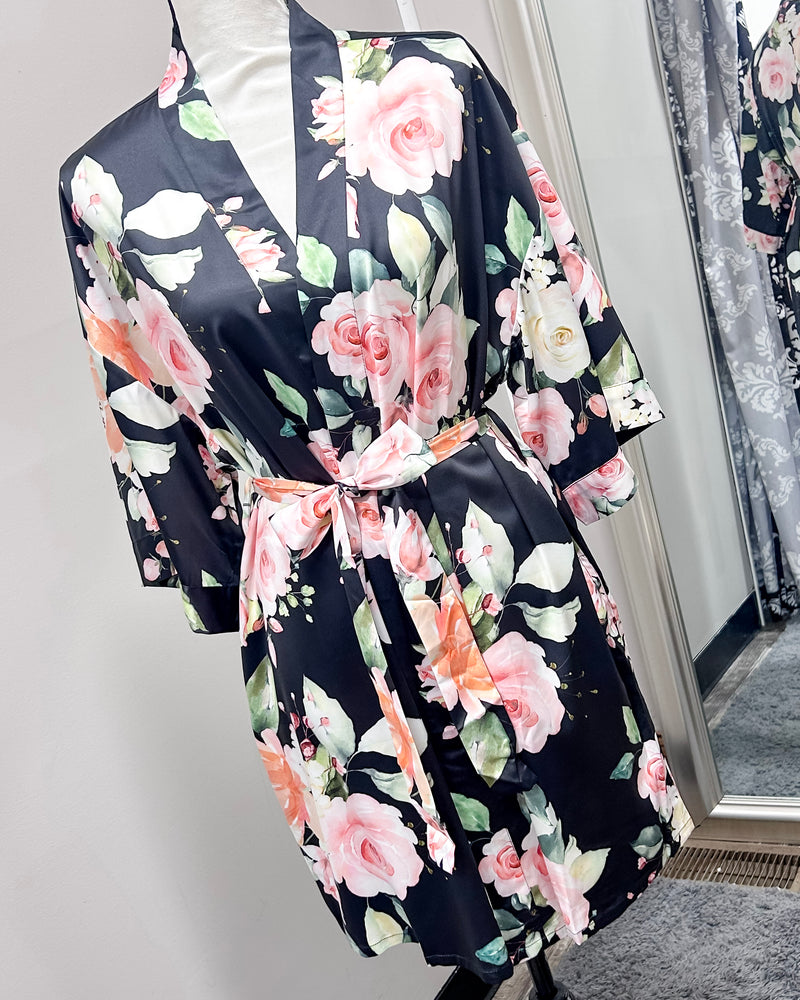 Satin Floral Kimono Short Robe - Black