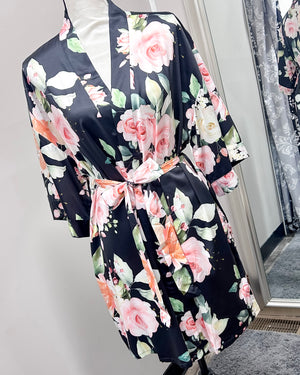 Satin Floral Kimono Short Robe - Black