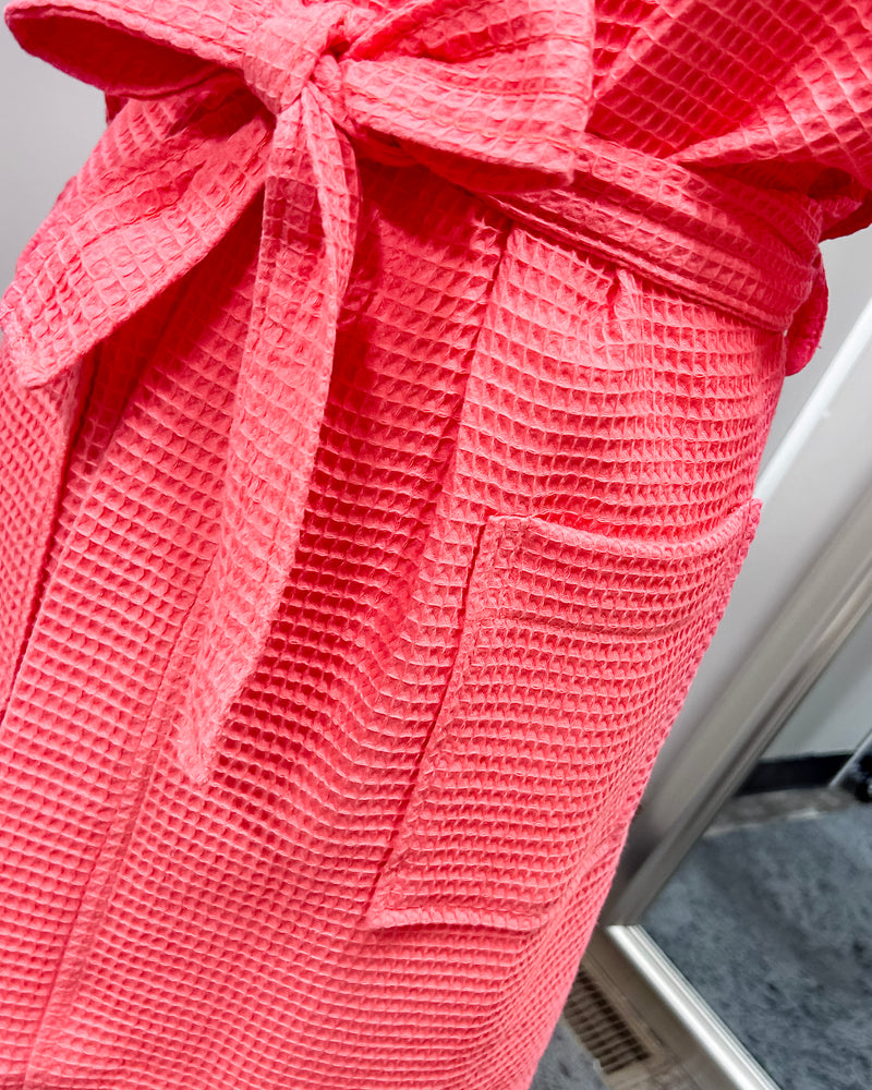 Waffle Kimono Pink Short Robe - Coral
