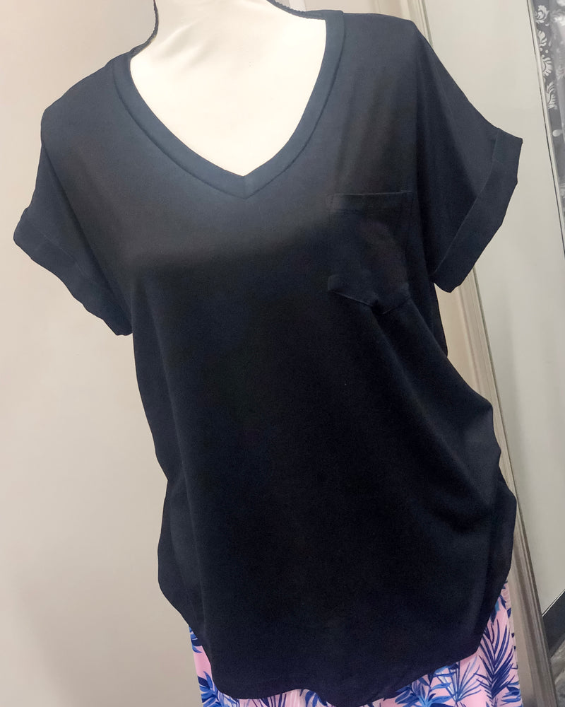 V-Neck Knit Top w/ Pocket - Black