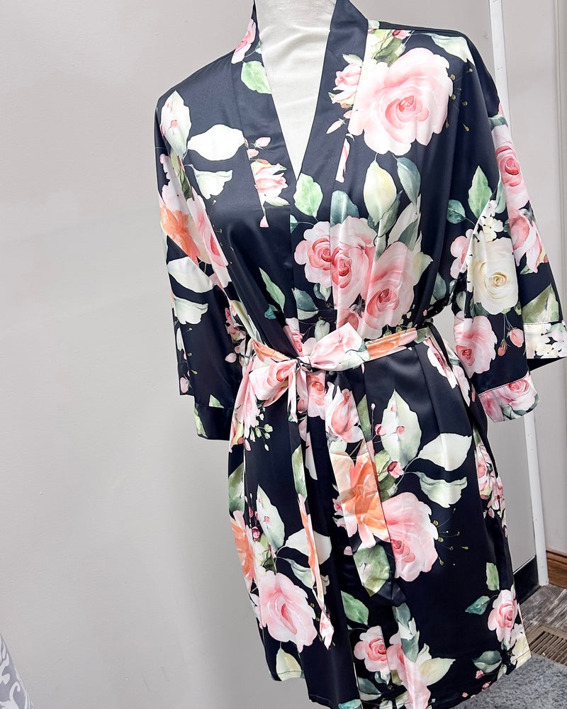 Satin Floral Kimono Short Robe - Black
