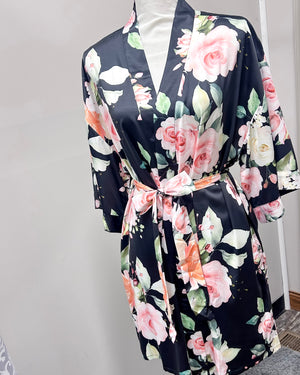 Satin Floral Kimono Short Robe - Black