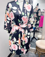 Satin Floral Kimono Short Robe - Black