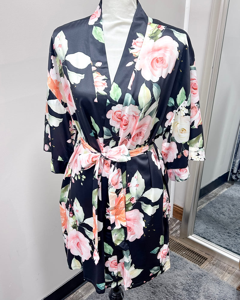 Satin Floral Kimono Short Robe - Black