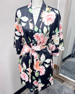 Satin Floral Kimono Short Robe - Black