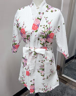 Waffle Kimono Pink Short Robe - White Floral