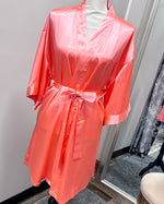 Satin Kimono Short Robe - Light Coral
