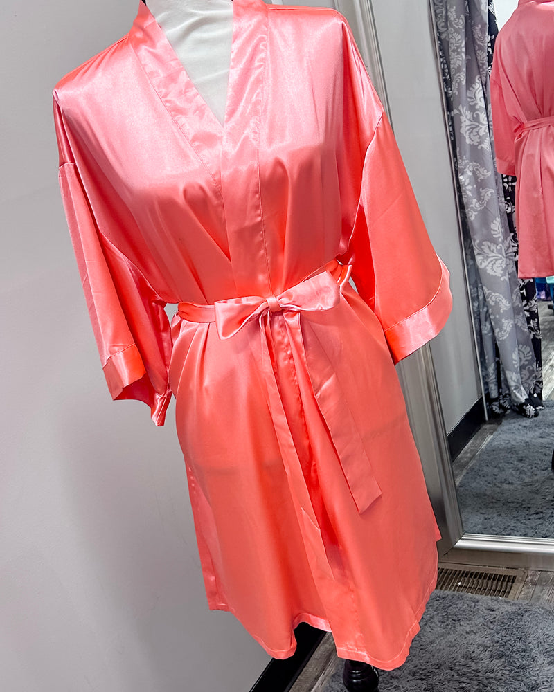 Satin Kimono Short Robe - Light Coral