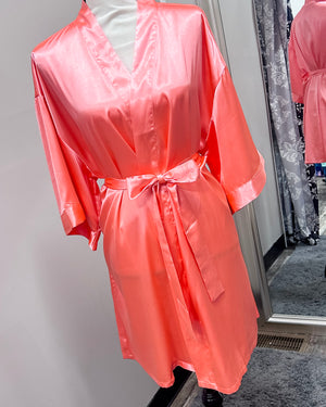 Satin Kimono Short Robe - Light Coral
