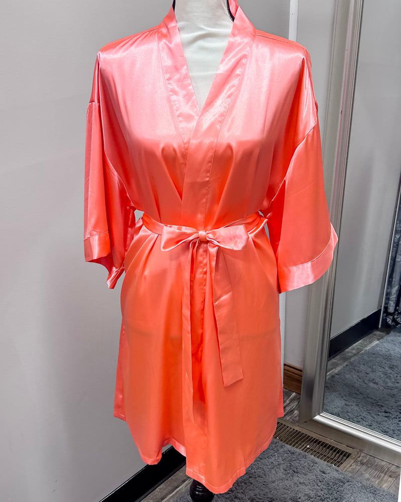 Satin Kimono Short Robe - Light Coral