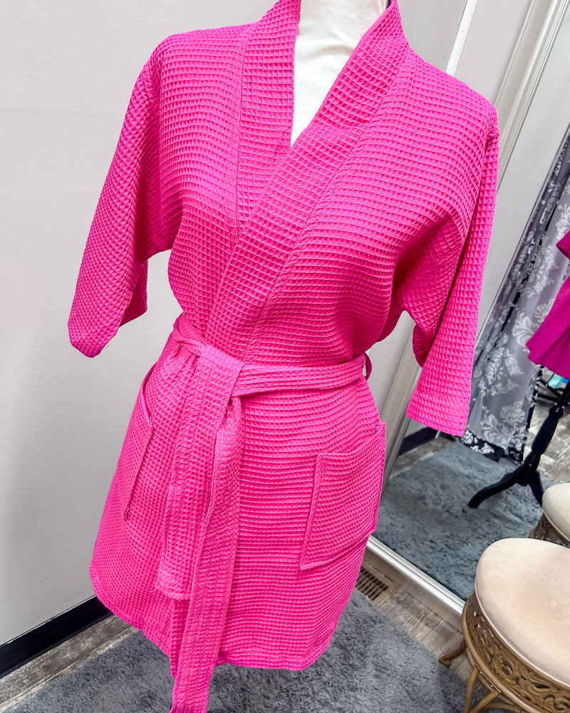 Waffle Kimono Pink Short Robe - Fuchsia