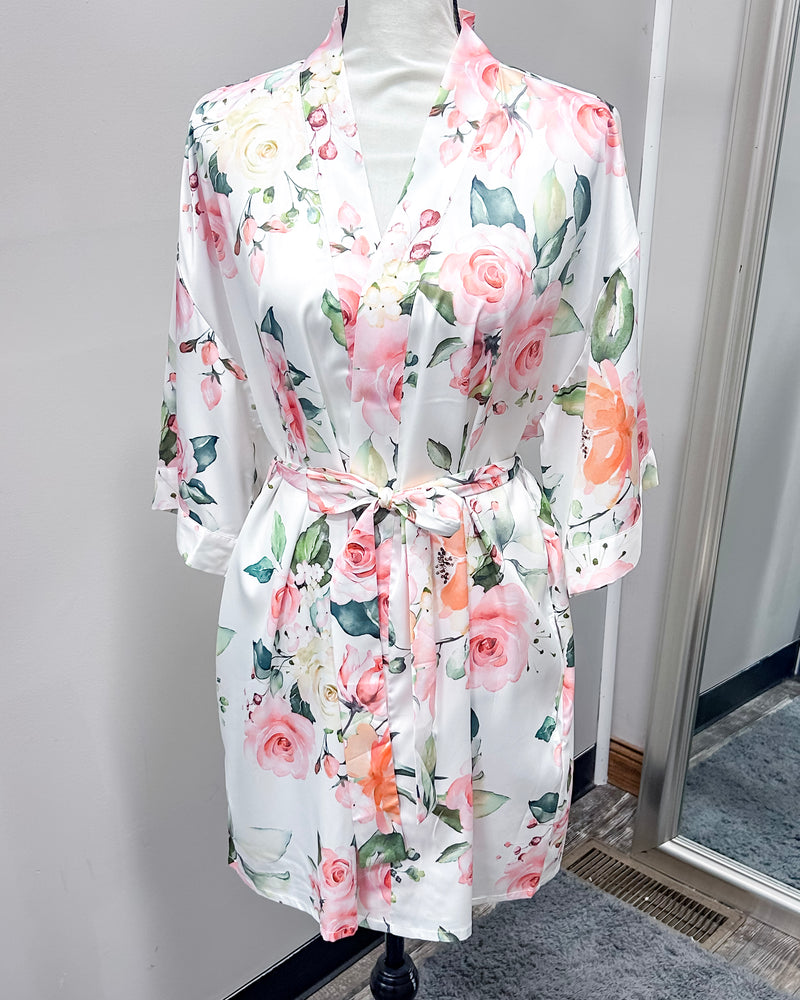 Satin Floral Kimono Short Robe - White Jasmine