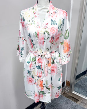 Satin Floral Kimono Short Robe - White Jasmine
