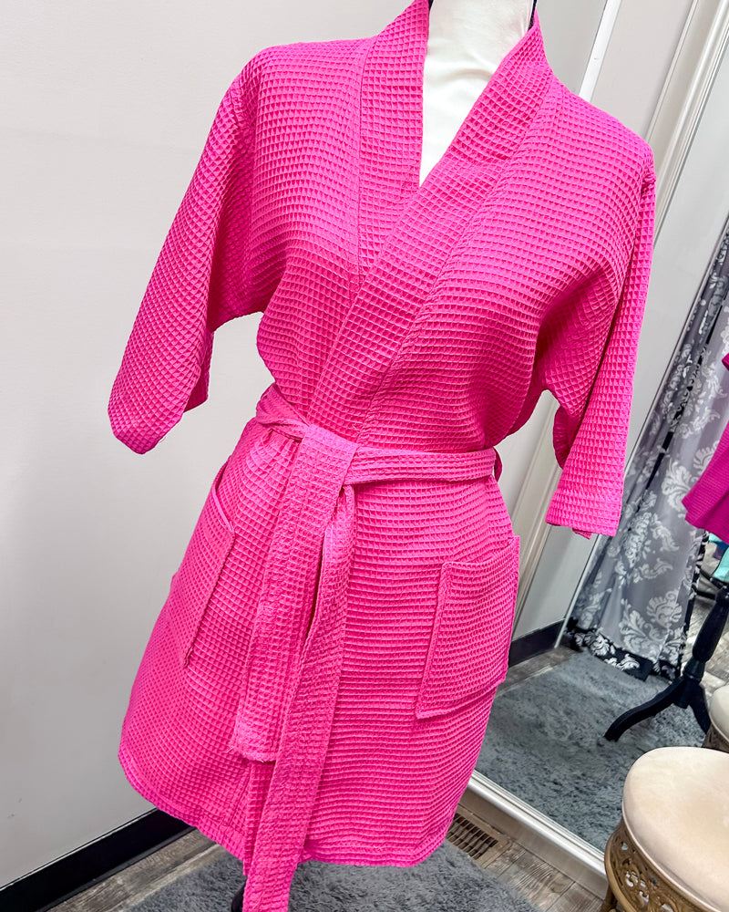 Waffle Kimono Pink Short Robe - Fuchsia