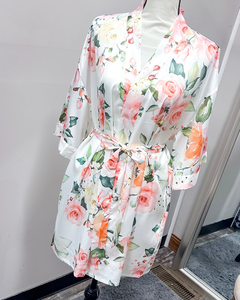 Satin Floral Kimono Short Robe - White Jasmine