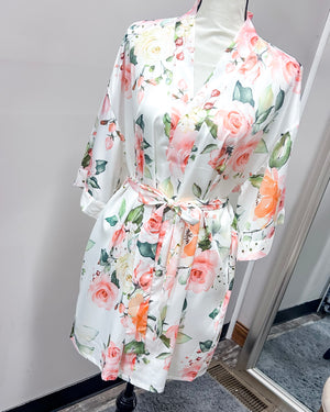 Satin Floral Kimono Short Robe - White Jasmine