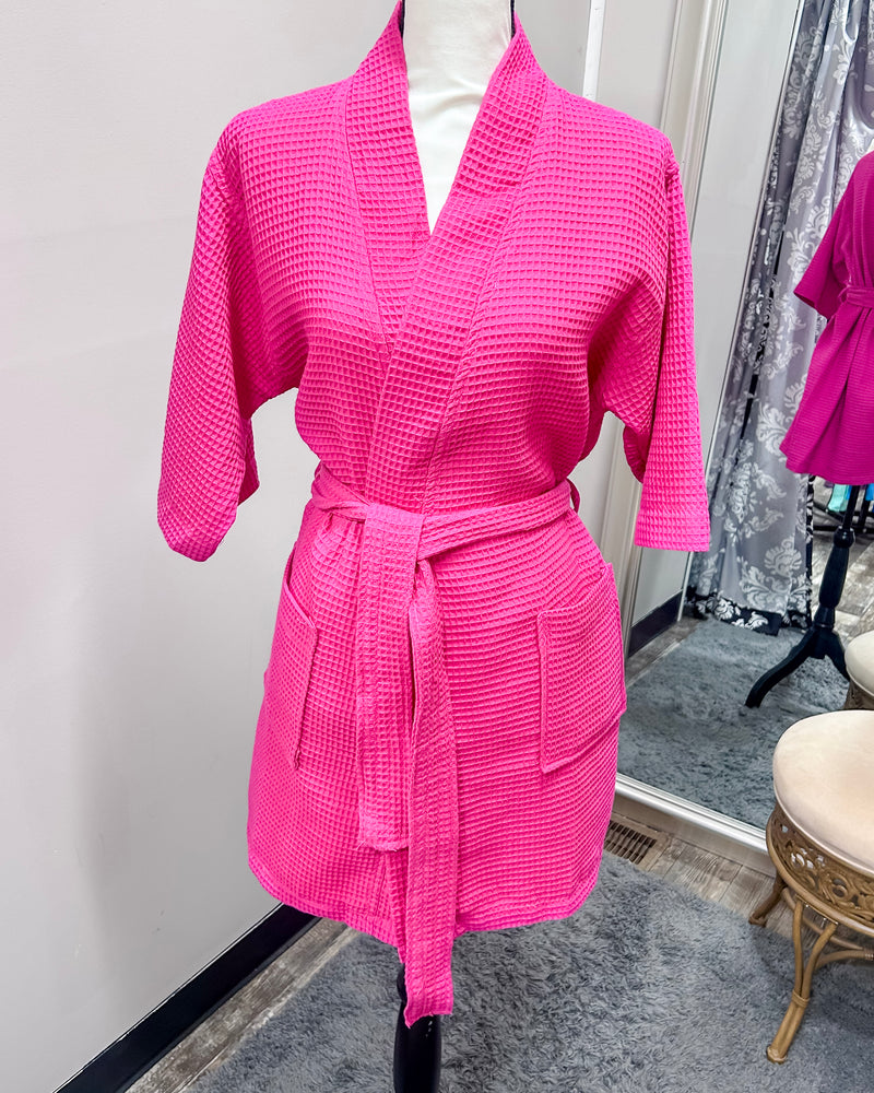 Waffle Kimono Pink Short Robe - Fuchsia