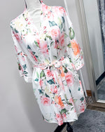 Satin Floral Kimono Short Robe - White Jasmine