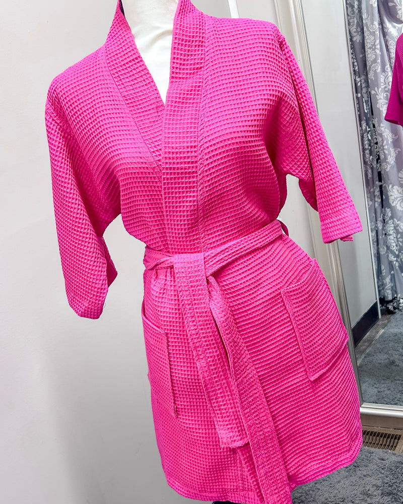 Waffle Kimono Pink Short Robe - Fuchsia