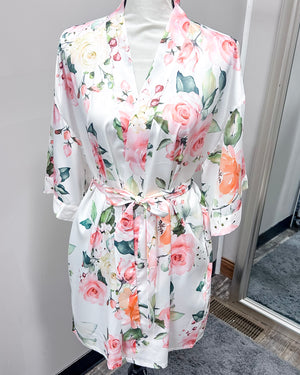 Satin Floral Kimono Short Robe - White Jasmine