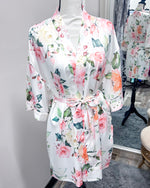 Satin Floral Kimono Short Robe - White Jasmine
