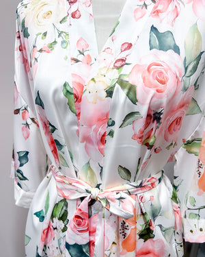 Satin Floral Kimono Short Robe - White Jasmine
