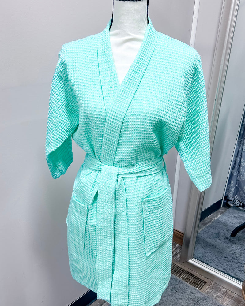 Waffle Kimono Pink Short Robe - Mint Green