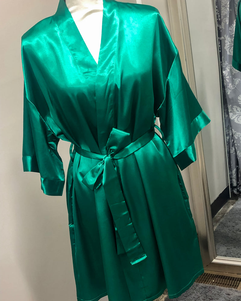 Satin Kimono Short Robe - Emerald Green