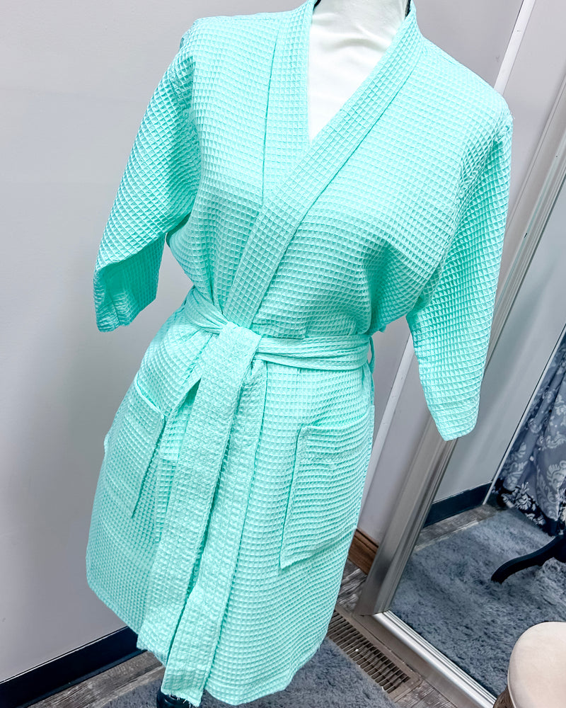 Waffle Kimono Pink Short Robe - Mint Green