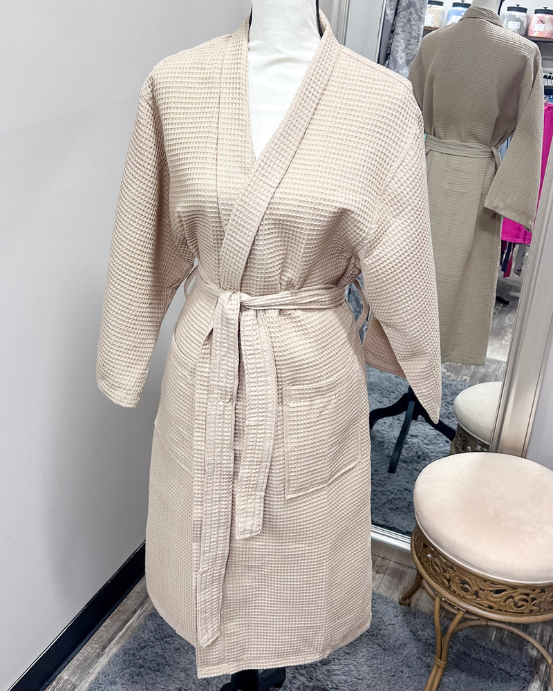 Waffle Kimono Pink Long Robe - Taupe