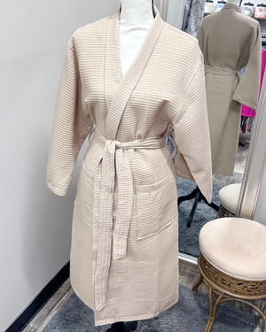 Waffle Kimono Pink Long Robe - Taupe