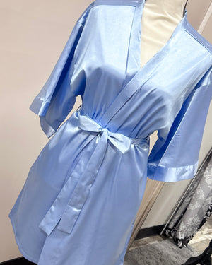 Satin Kimono Short Robe - Airy Blue
