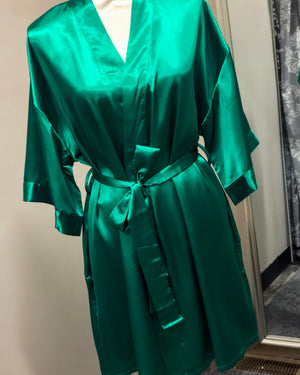 Satin Kimono Short Robe - Emerald Green