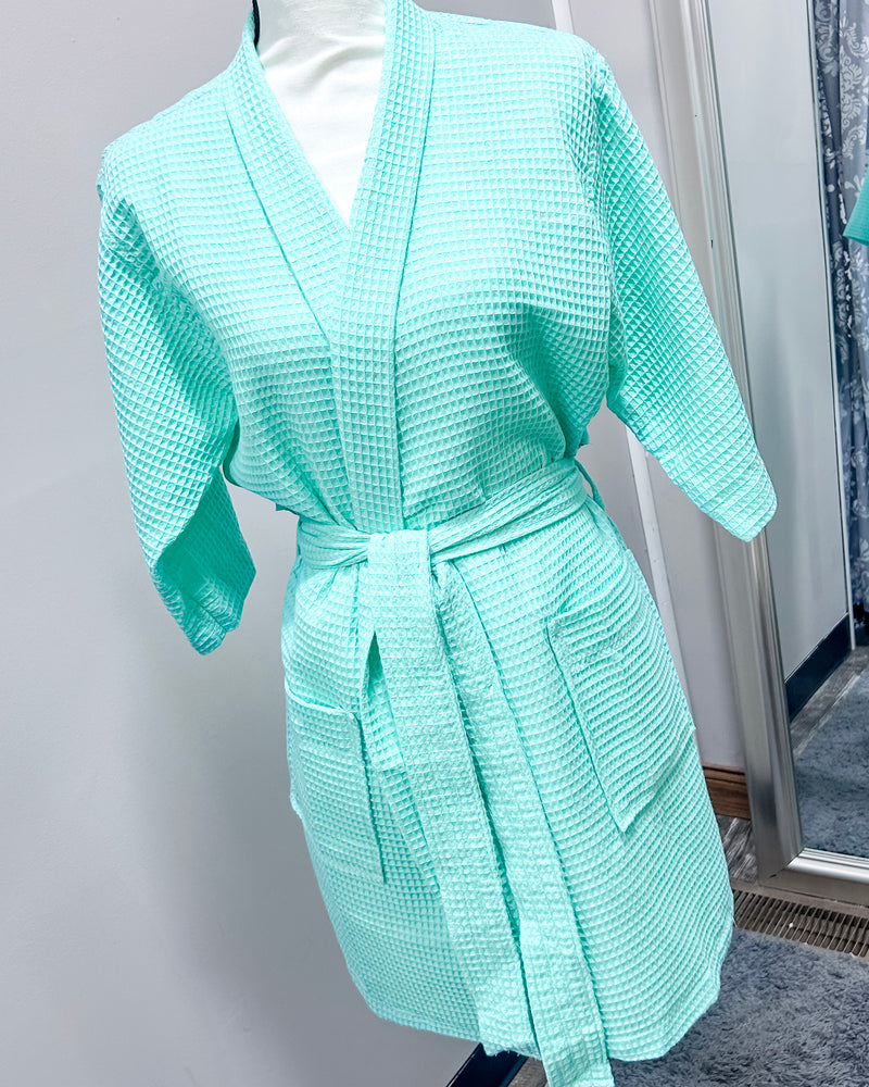 Waffle Kimono Pink Short Robe - Mint Green