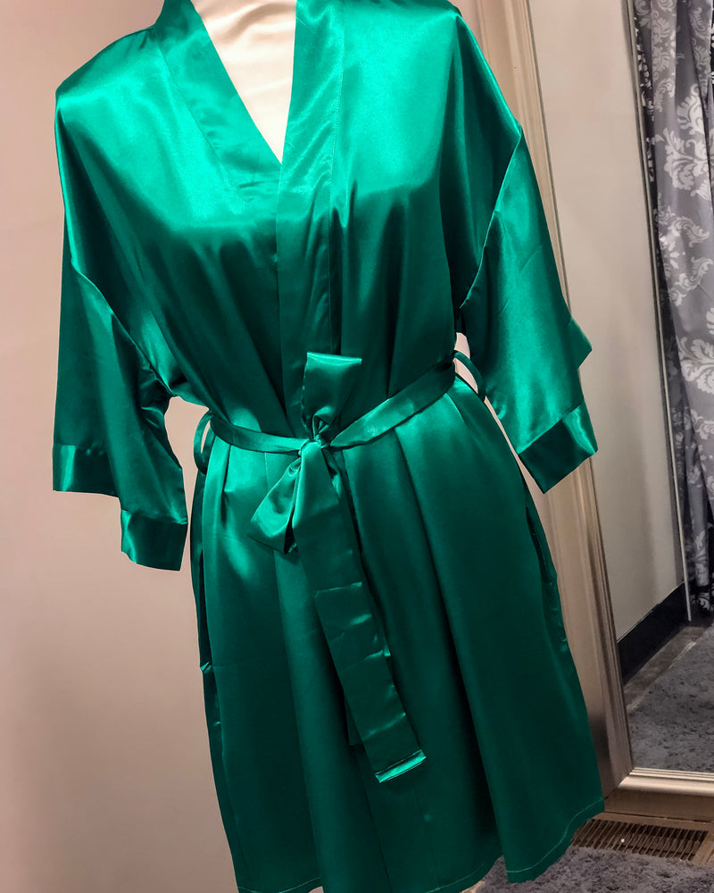 Satin Kimono Short Robe - Emerald Green