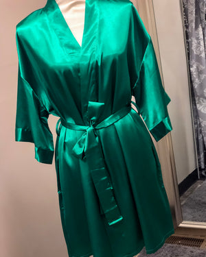 Satin Kimono Short Robe - Emerald Green